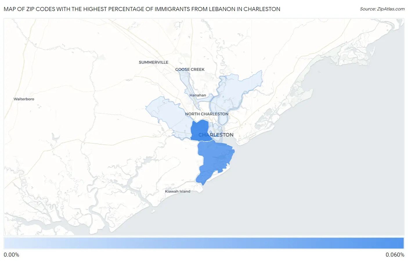 Zip Codes with the Highest Percentage of Immigrants from Lebanon in Charleston Map