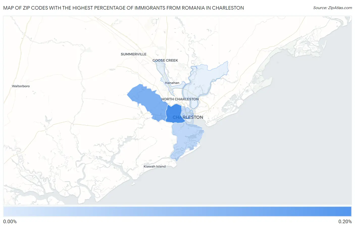 Zip Codes with the Highest Percentage of Immigrants from Romania in Charleston Map