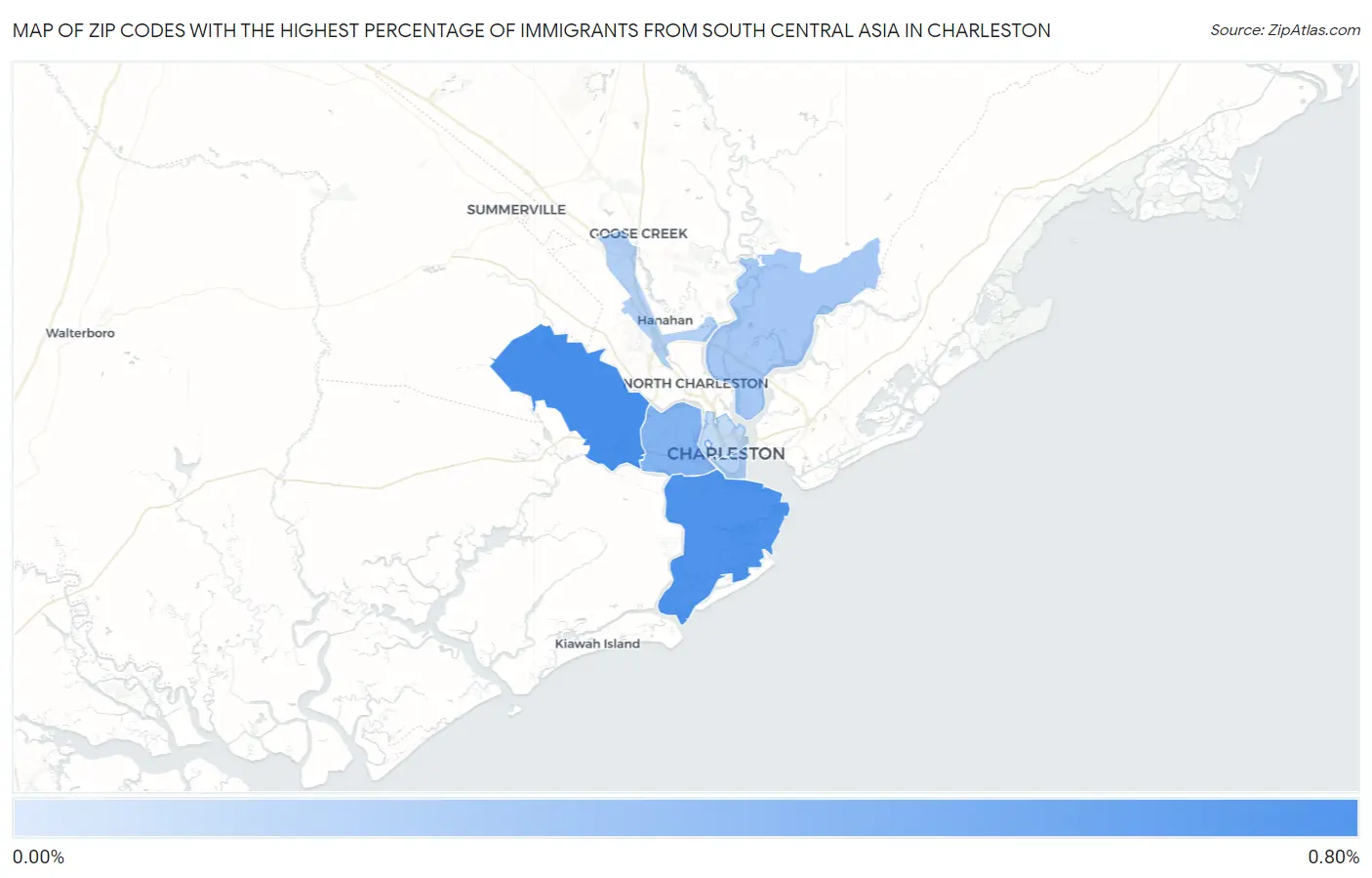Zip Codes with the Highest Percentage of Immigrants from South Central Asia in Charleston Map