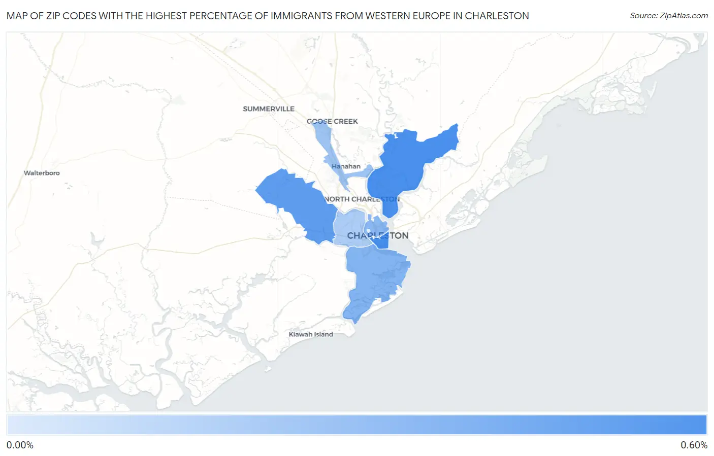 Zip Codes with the Highest Percentage of Immigrants from Western Europe in Charleston Map