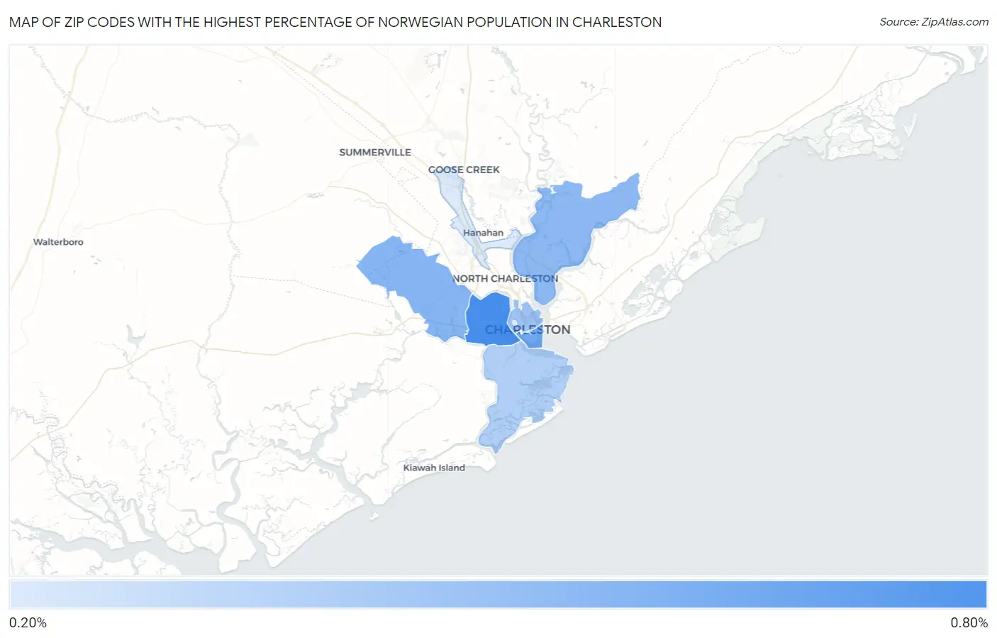 Zip Codes with the Highest Percentage of Norwegian Population in Charleston Map