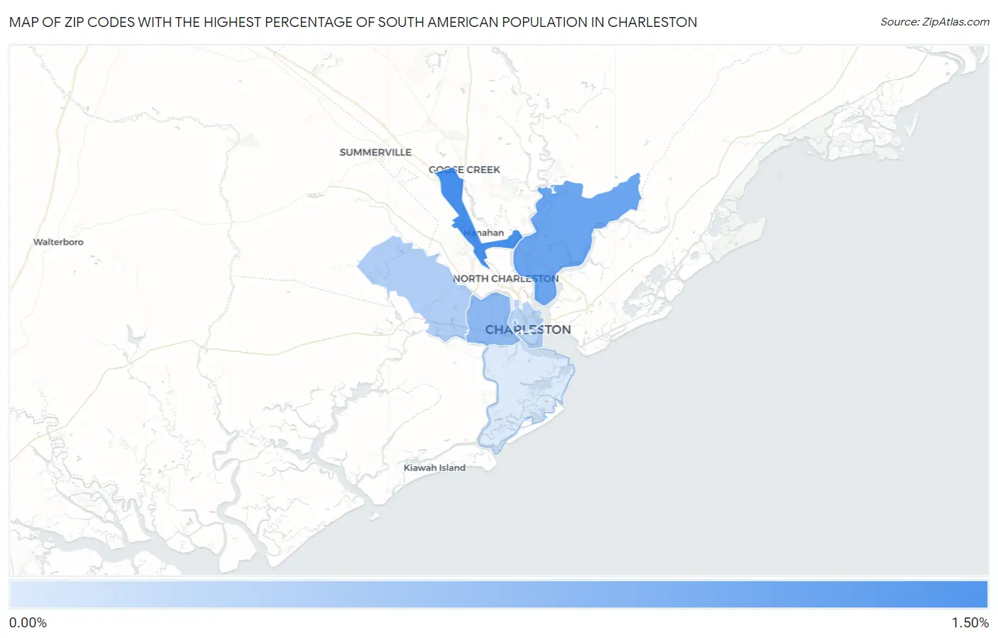 Zip Codes with the Highest Percentage of South American Population in Charleston Map