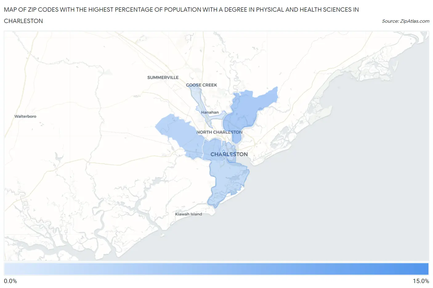 Zip Codes with the Highest Percentage of Population with a Degree in Physical and Health Sciences in Charleston Map