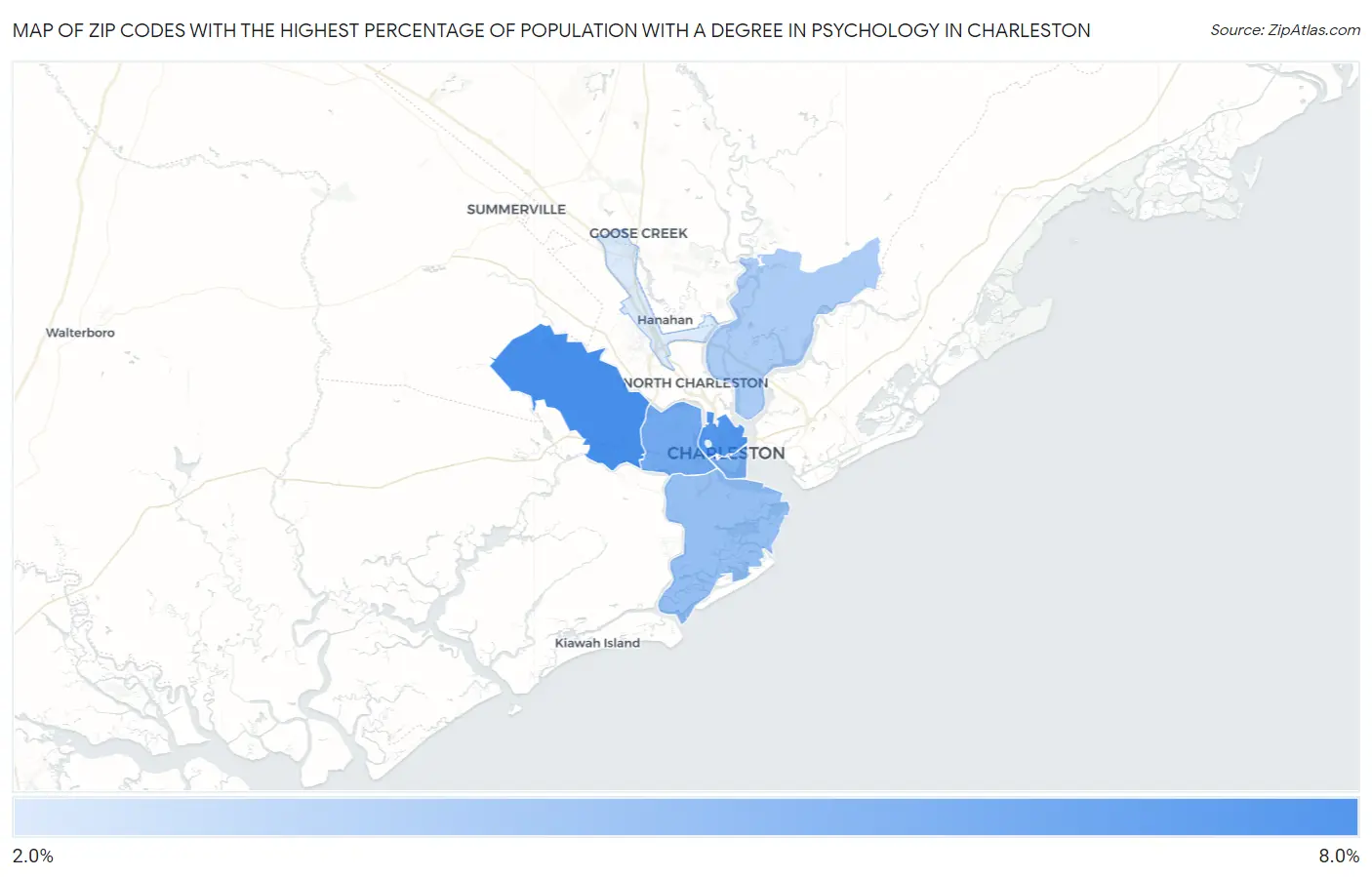 Zip Codes with the Highest Percentage of Population with a Degree in Psychology in Charleston Map