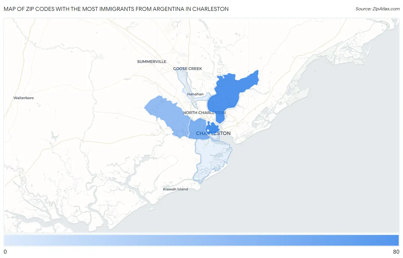Zip Codes with the Most Immigrants from Argentina in Charleston Map