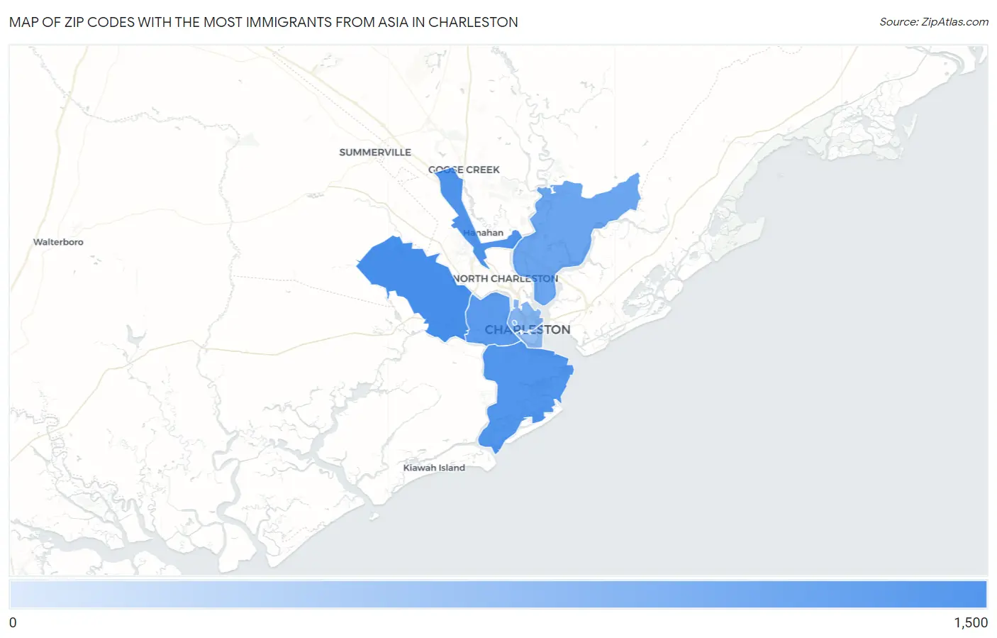 Zip Codes with the Most Immigrants from Asia in Charleston Map