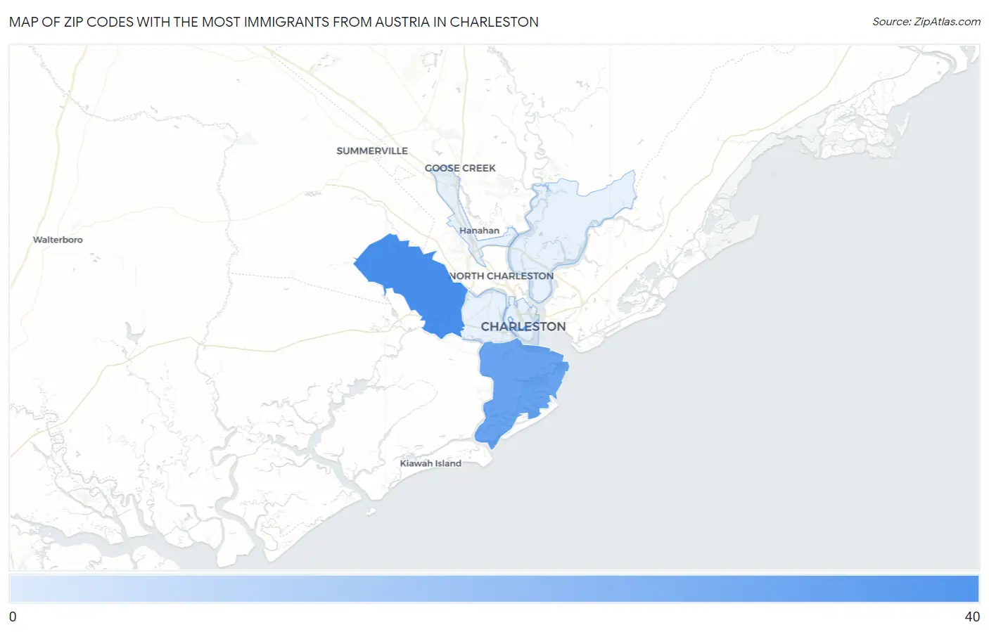 Zip Codes with the Most Immigrants from Austria in Charleston Map