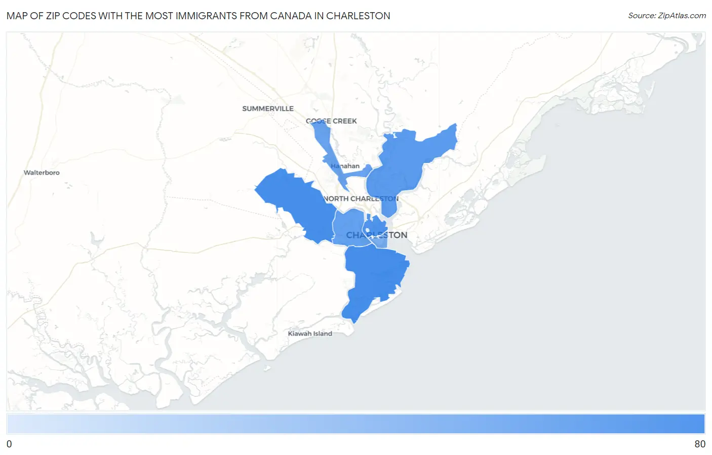 Zip Codes with the Most Immigrants from Canada in Charleston Map