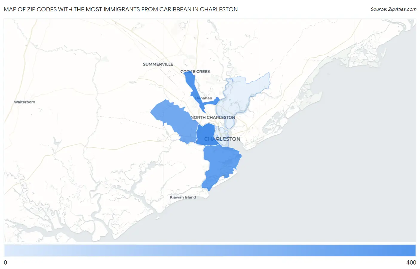 Zip Codes with the Most Immigrants from Caribbean in Charleston Map