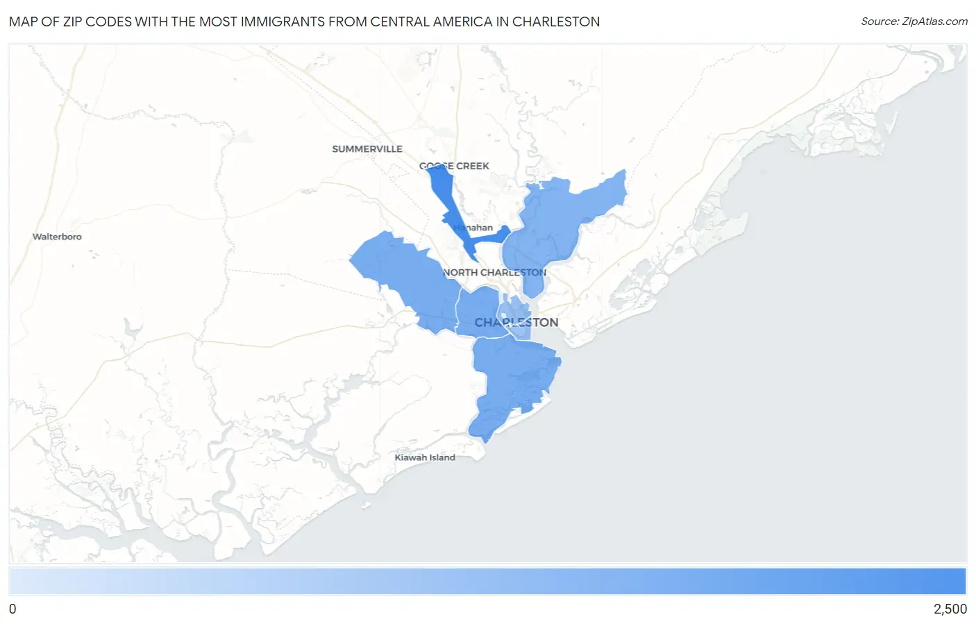 Zip Codes with the Most Immigrants from Central America in Charleston Map