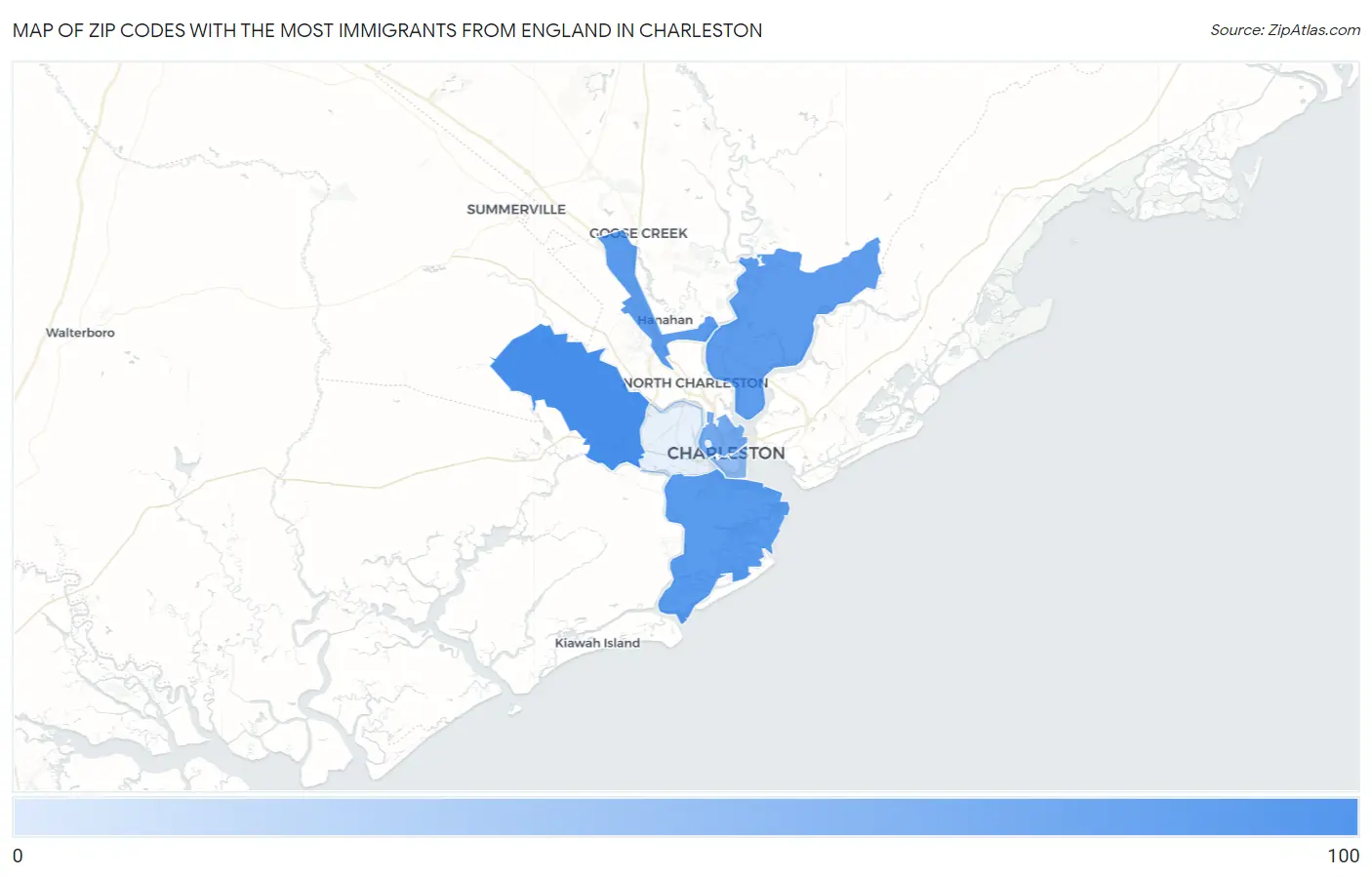 Zip Codes with the Most Immigrants from England in Charleston Map