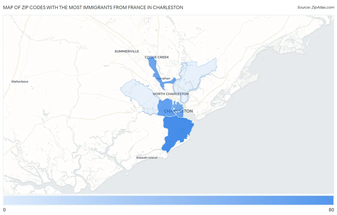 Zip Codes with the Most Immigrants from France in Charleston Map