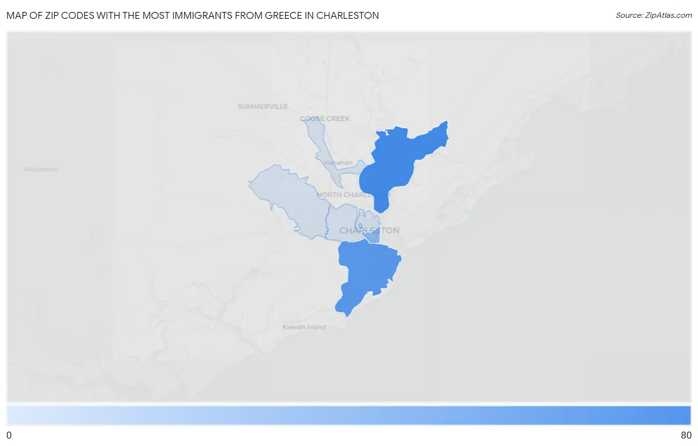 Zip Codes with the Most Immigrants from Greece in Charleston Map