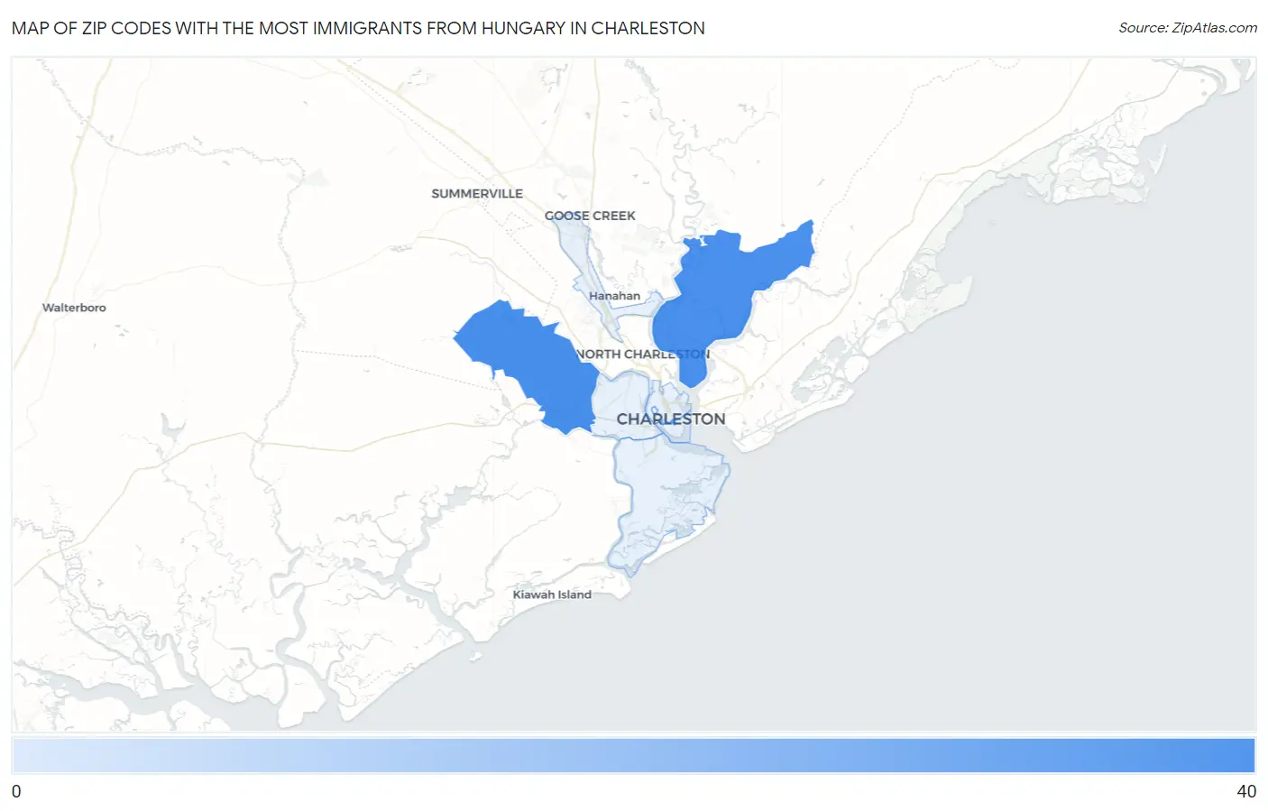 Zip Codes with the Most Immigrants from Hungary in Charleston Map