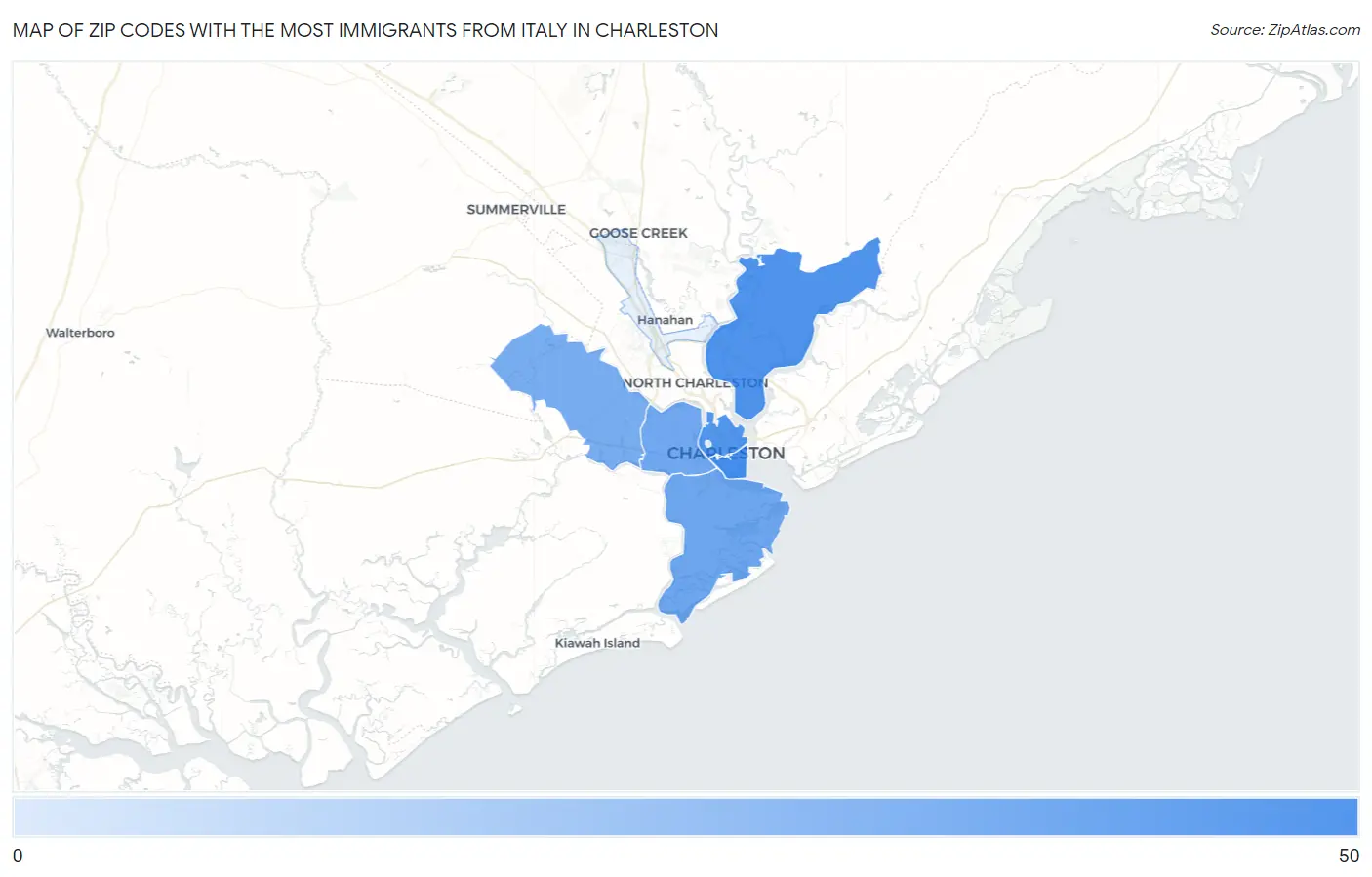 Zip Codes with the Most Immigrants from Italy in Charleston Map