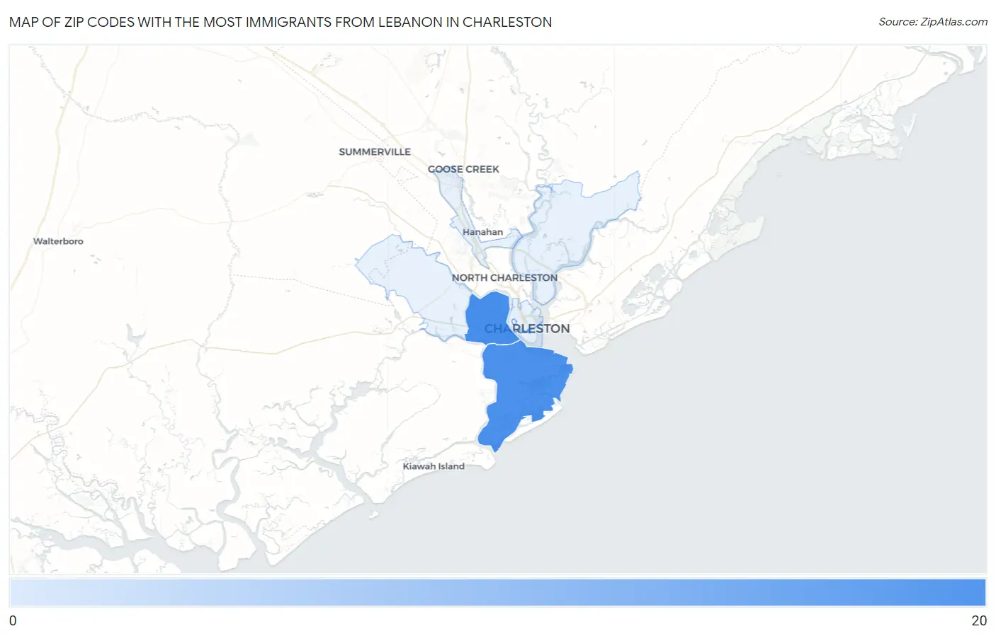 Zip Codes with the Most Immigrants from Lebanon in Charleston Map