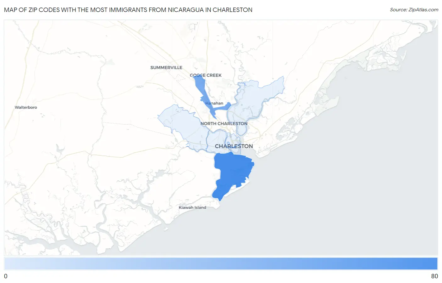 Zip Codes with the Most Immigrants from Nicaragua in Charleston Map