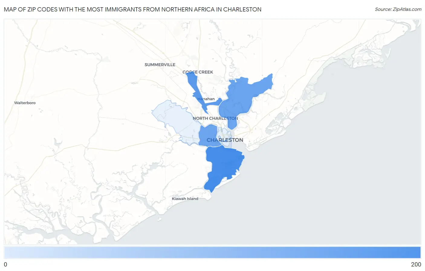 Zip Codes with the Most Immigrants from Northern Africa in Charleston Map