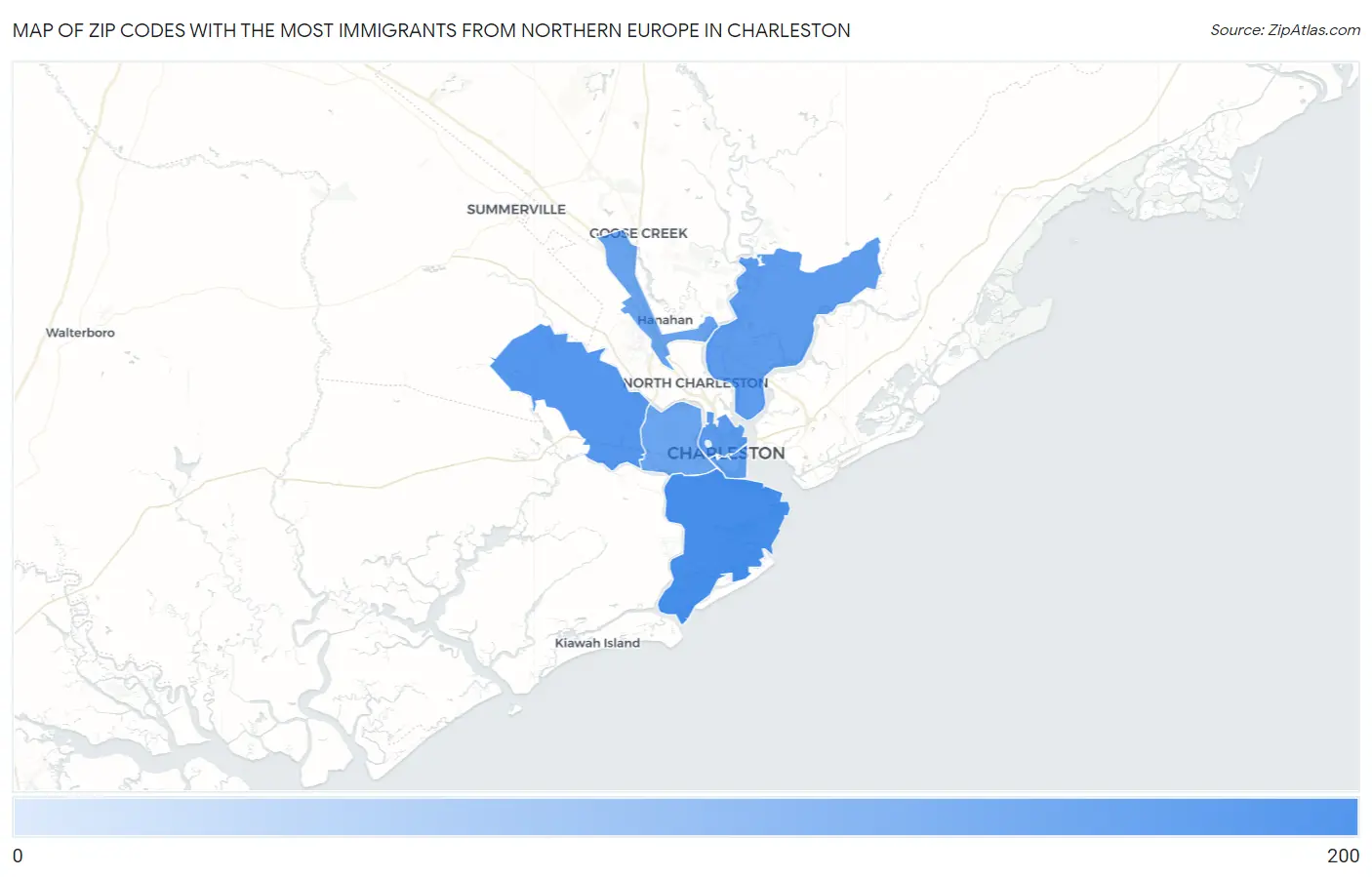 Zip Codes with the Most Immigrants from Northern Europe in Charleston Map