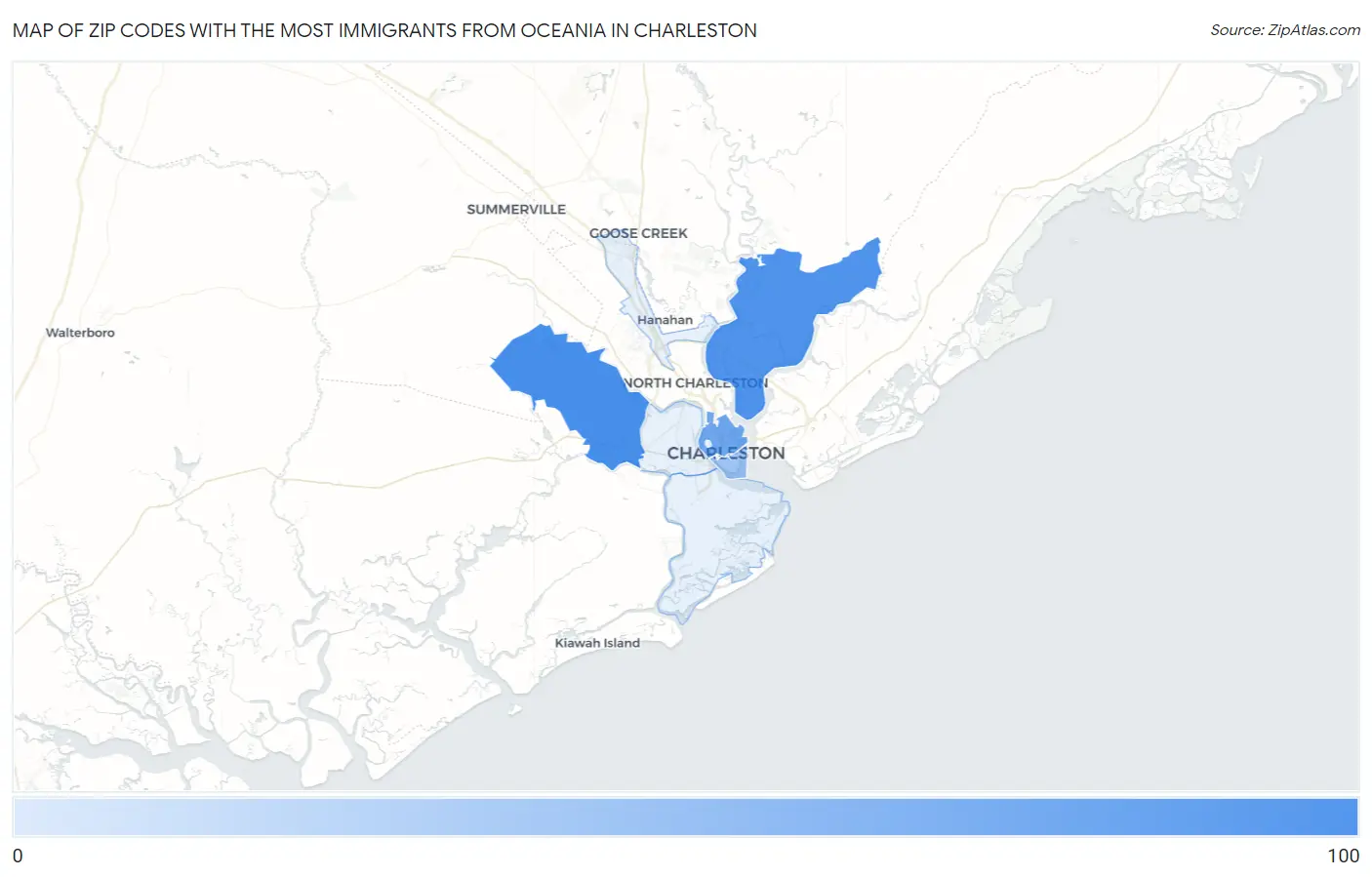 Zip Codes with the Most Immigrants from Oceania in Charleston Map