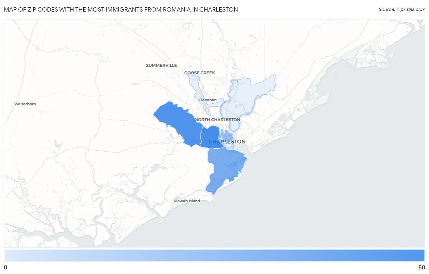 Zip Codes with the Most Immigrants from Romania in Charleston Map