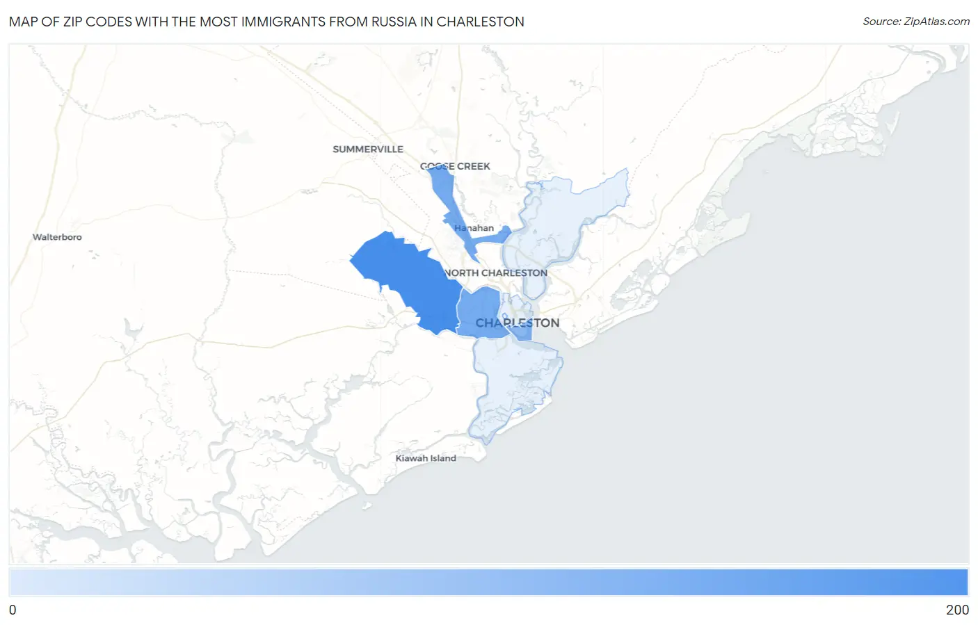 Zip Codes with the Most Immigrants from Russia in Charleston Map