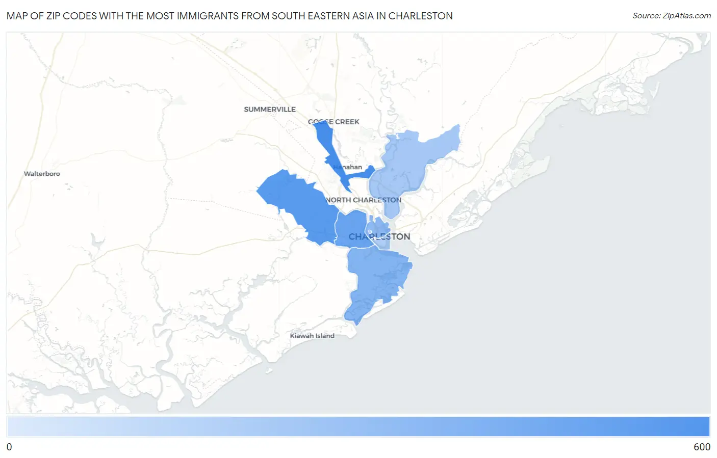 Zip Codes with the Most Immigrants from South Eastern Asia in Charleston Map