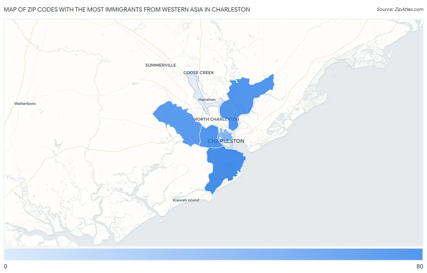 Zip Codes with the Most Immigrants from Western Asia in Charleston Map