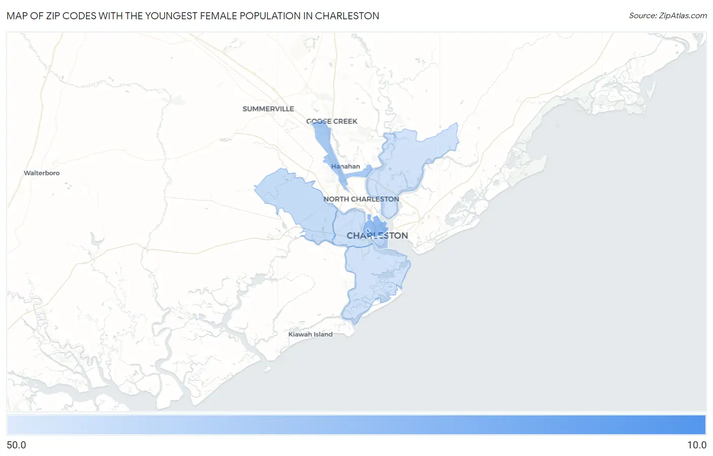 Zip Codes with the Youngest Female Population in Charleston Map