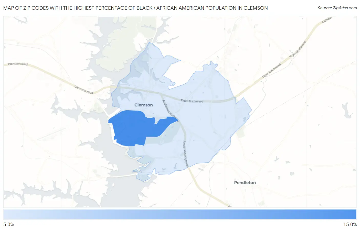 Zip Codes with the Highest Percentage of Black / African American Population in Clemson Map
