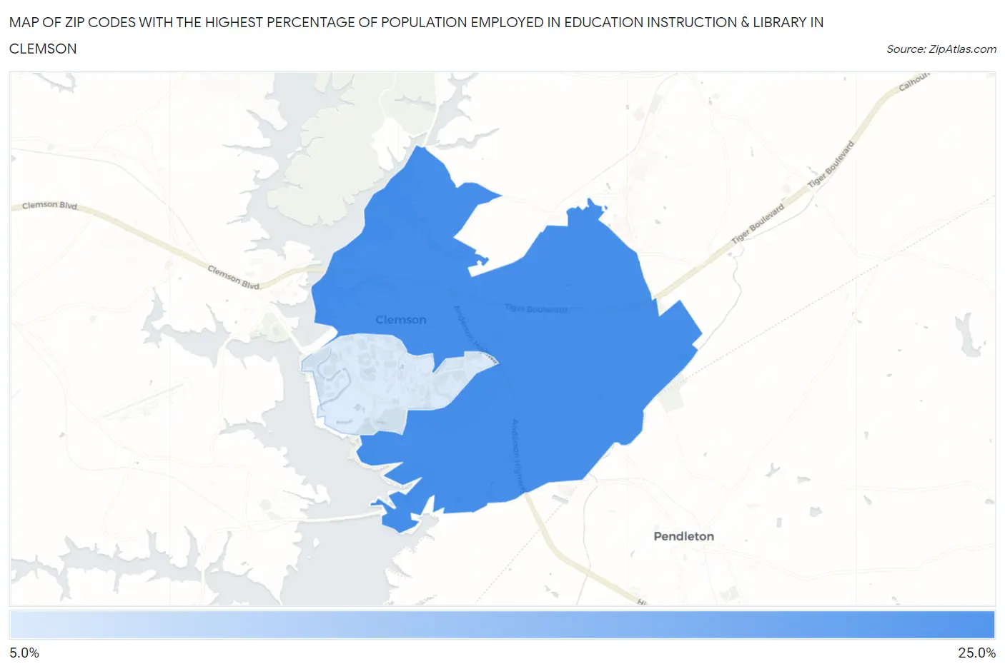 Zip Codes with the Highest Percentage of Population Employed in Education Instruction & Library in Clemson Map