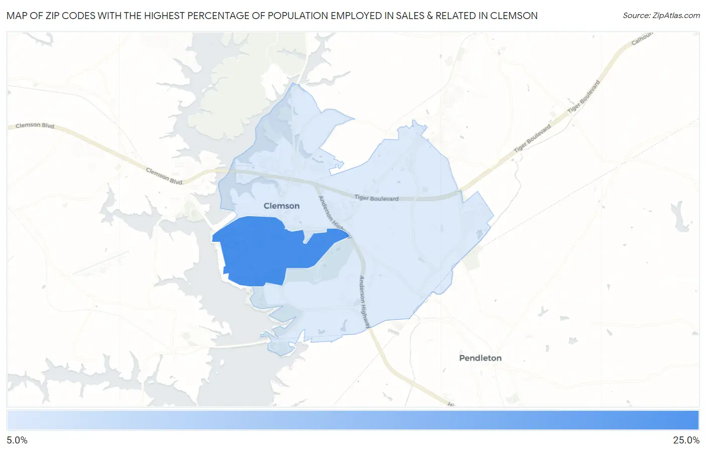Zip Codes with the Highest Percentage of Population Employed in Sales & Related in Clemson Map