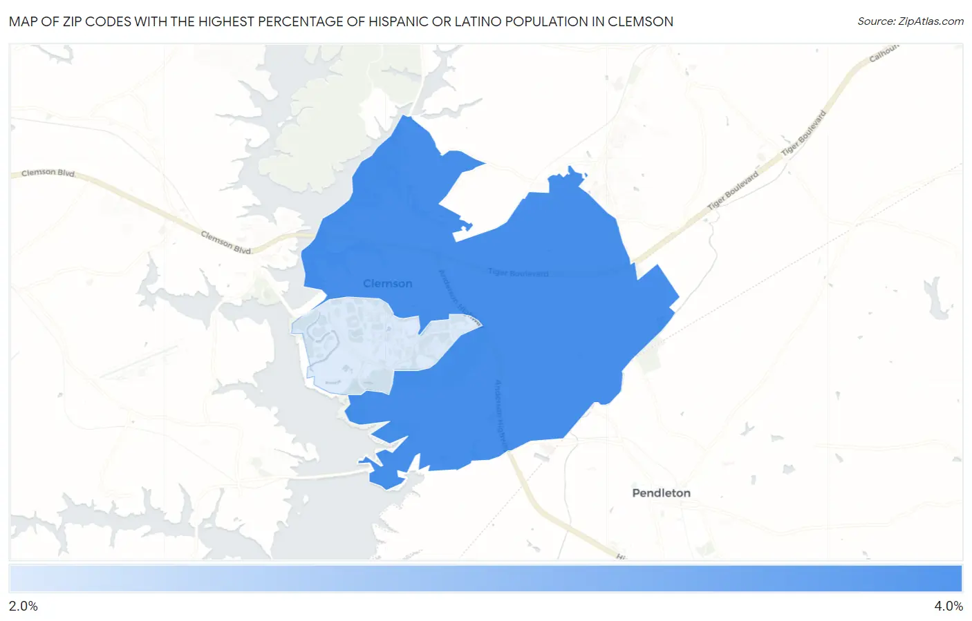 Zip Codes with the Highest Percentage of Hispanic or Latino Population in Clemson Map
