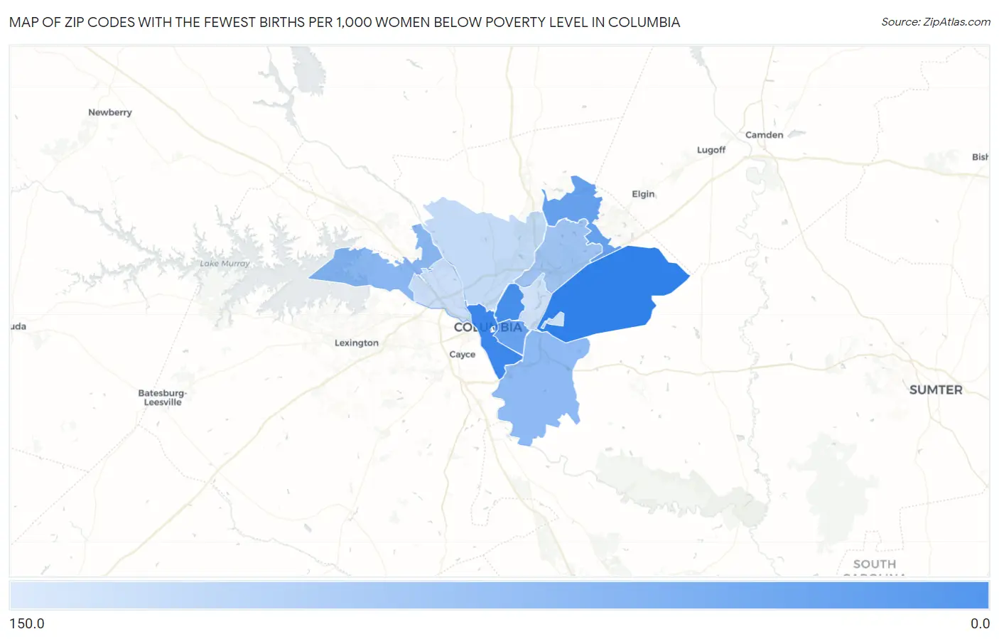 Zip Codes with the Fewest Births per 1,000 Women Below Poverty Level in Columbia Map