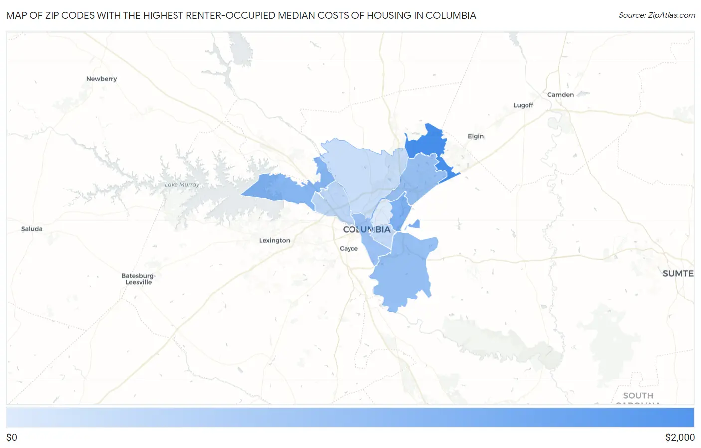 Zip Codes with the Highest Renter-Occupied Median Costs of Housing in Columbia Map