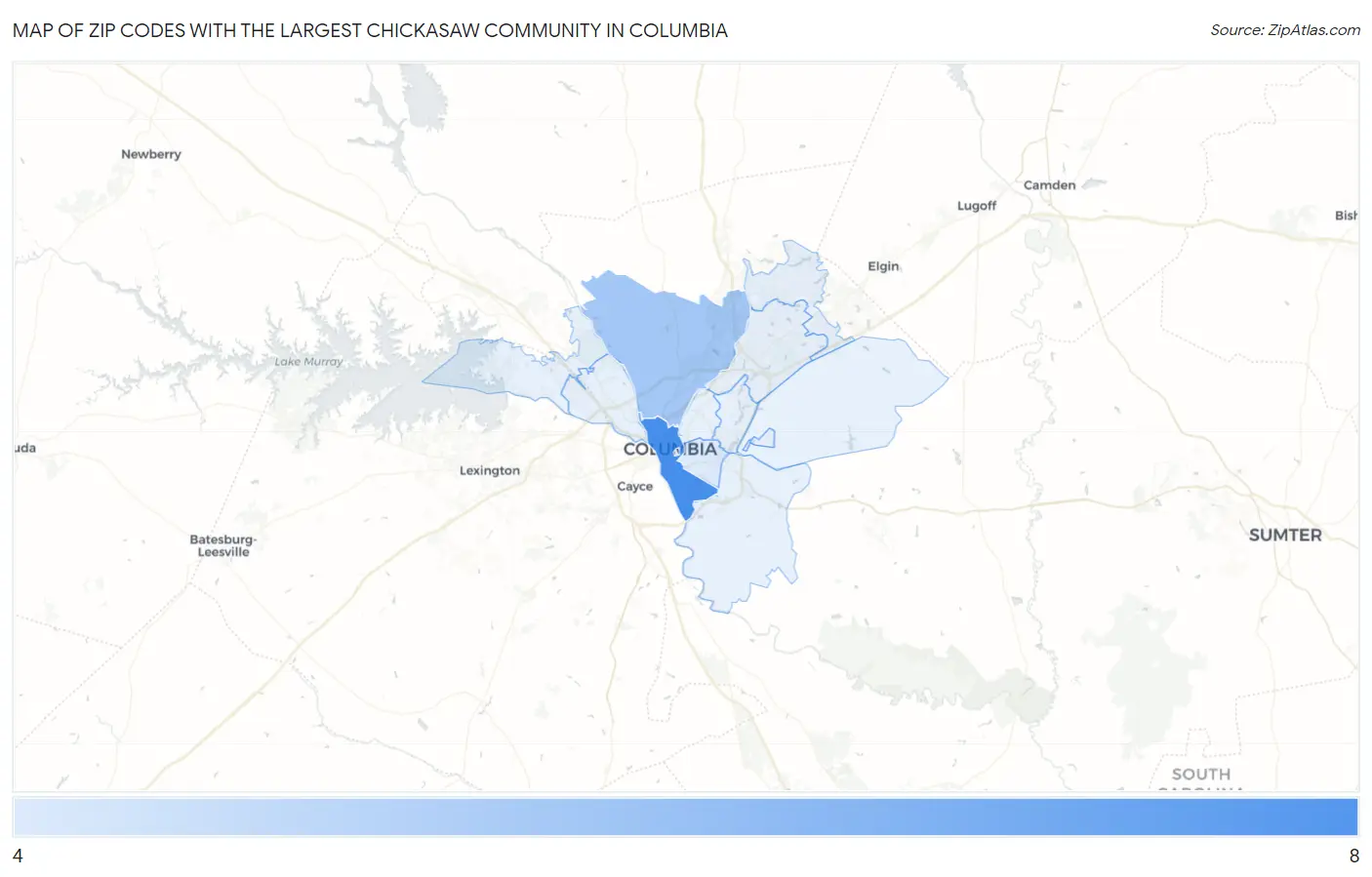Zip Codes with the Largest Chickasaw Community in Columbia Map