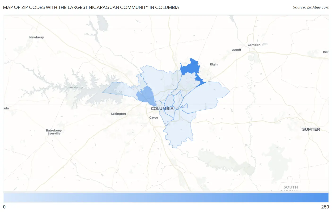 Zip Codes with the Largest Nicaraguan Community in Columbia Map