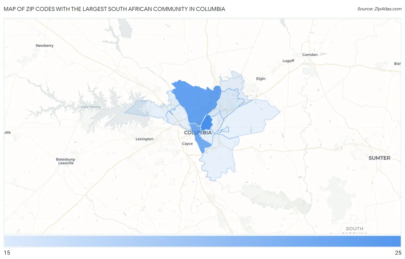 Zip Codes with the Largest South African Community in Columbia Map