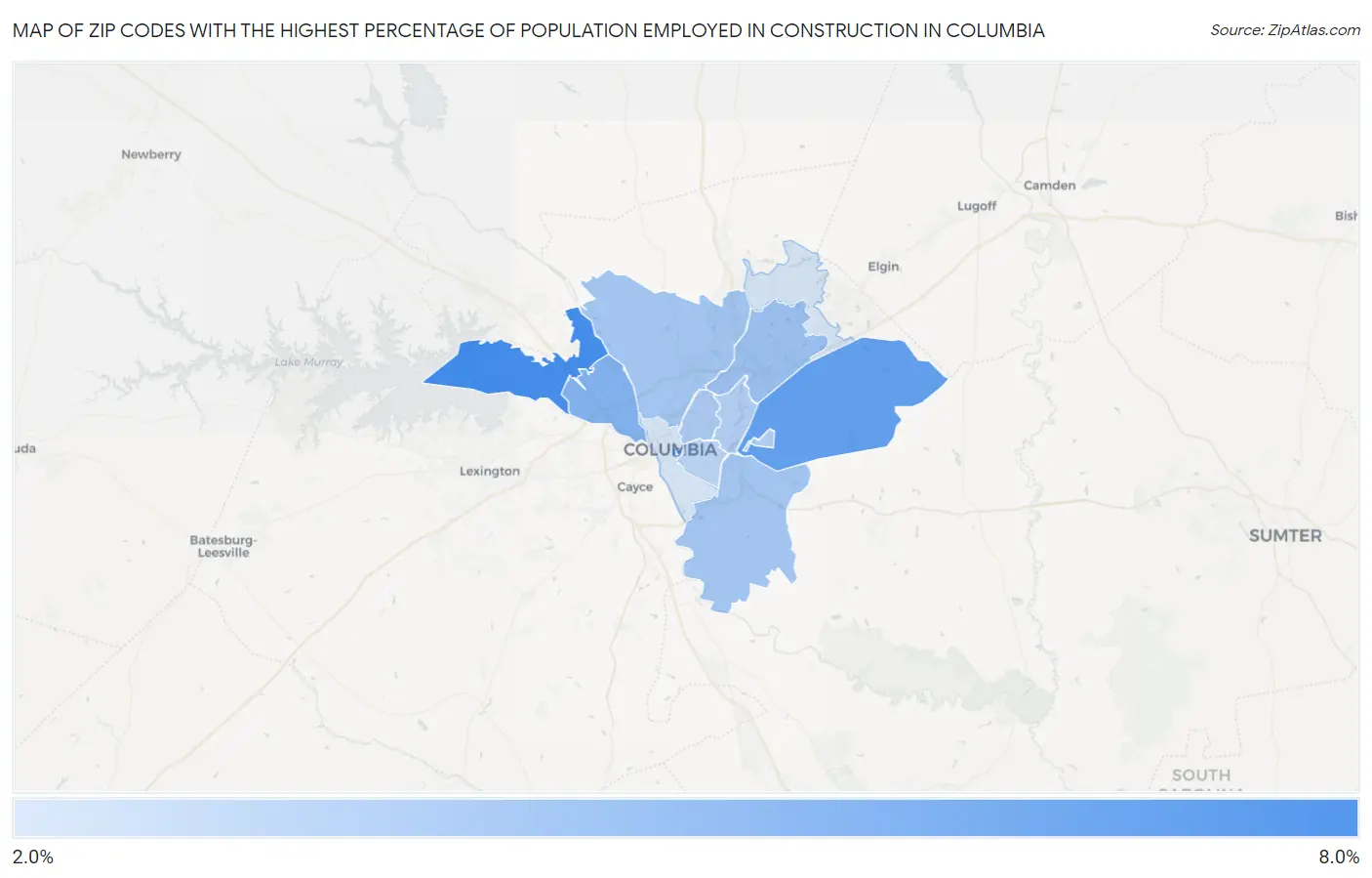 Zip Codes with the Highest Percentage of Population Employed in Construction in Columbia Map