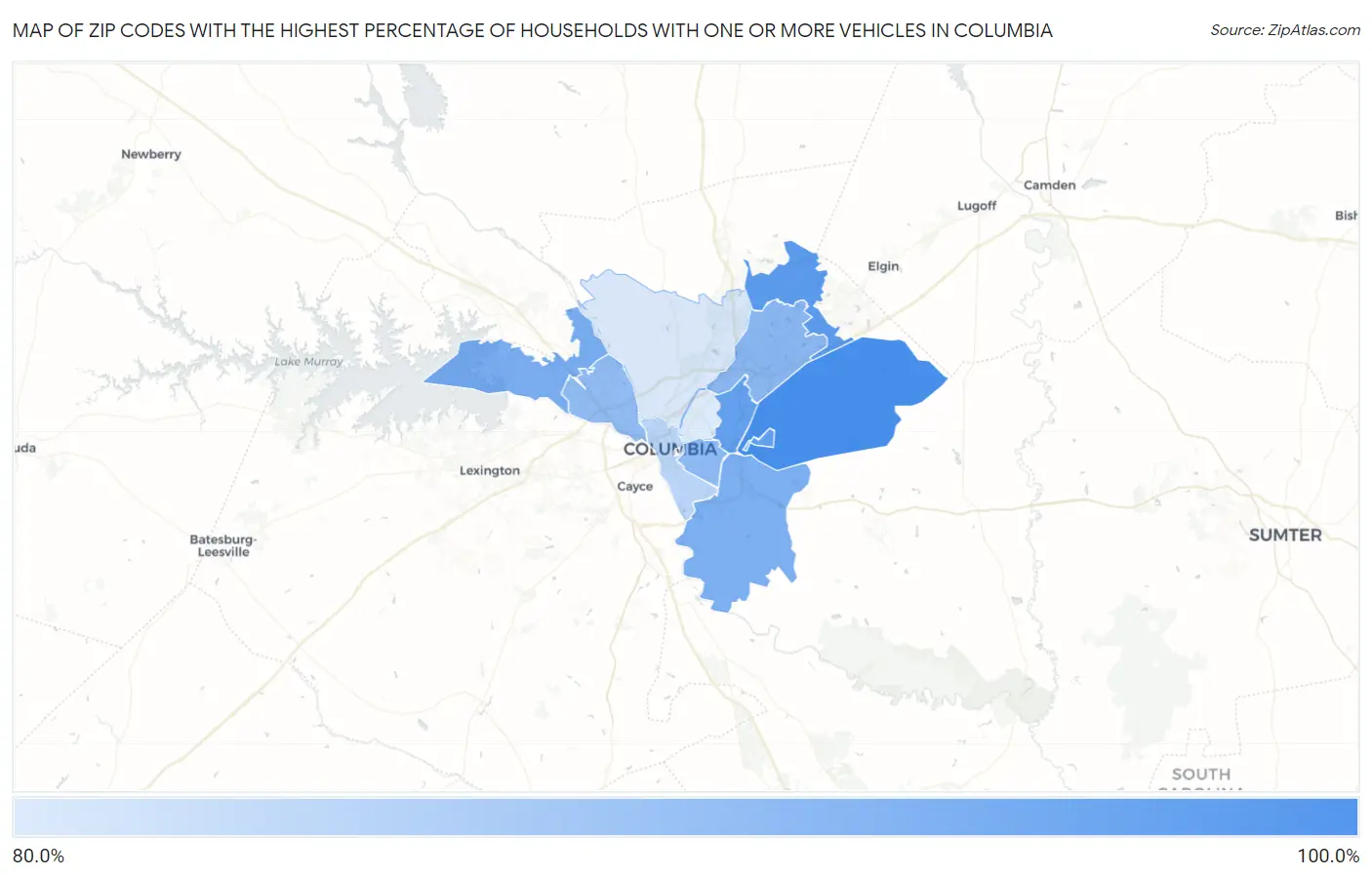 Zip Codes with the Highest Percentage of Households With One or more Vehicles in Columbia Map