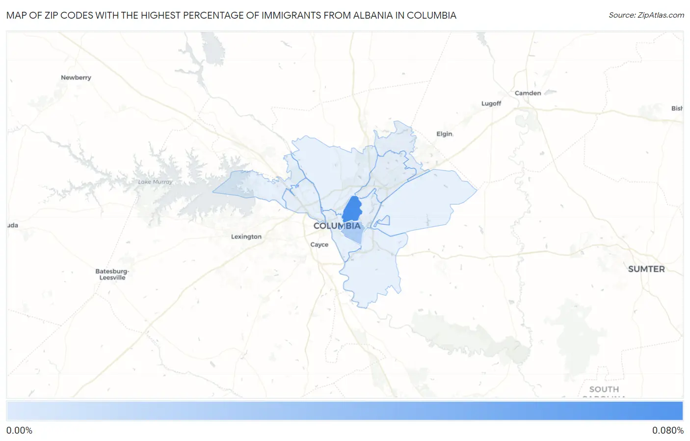 Zip Codes with the Highest Percentage of Immigrants from Albania in Columbia Map