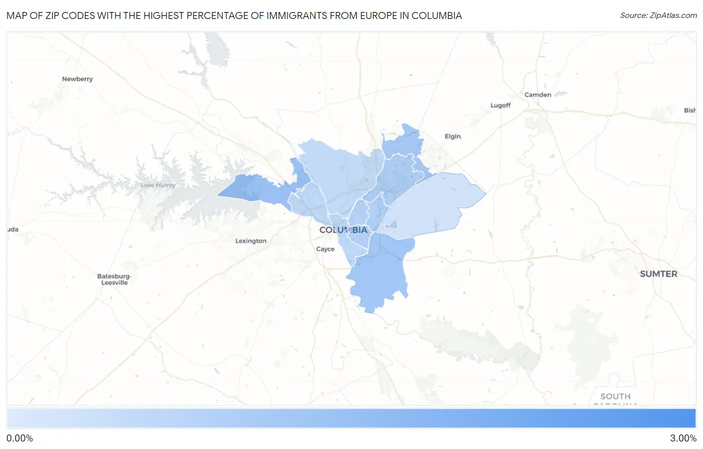Zip Codes with the Highest Percentage of Immigrants from Europe in Columbia Map