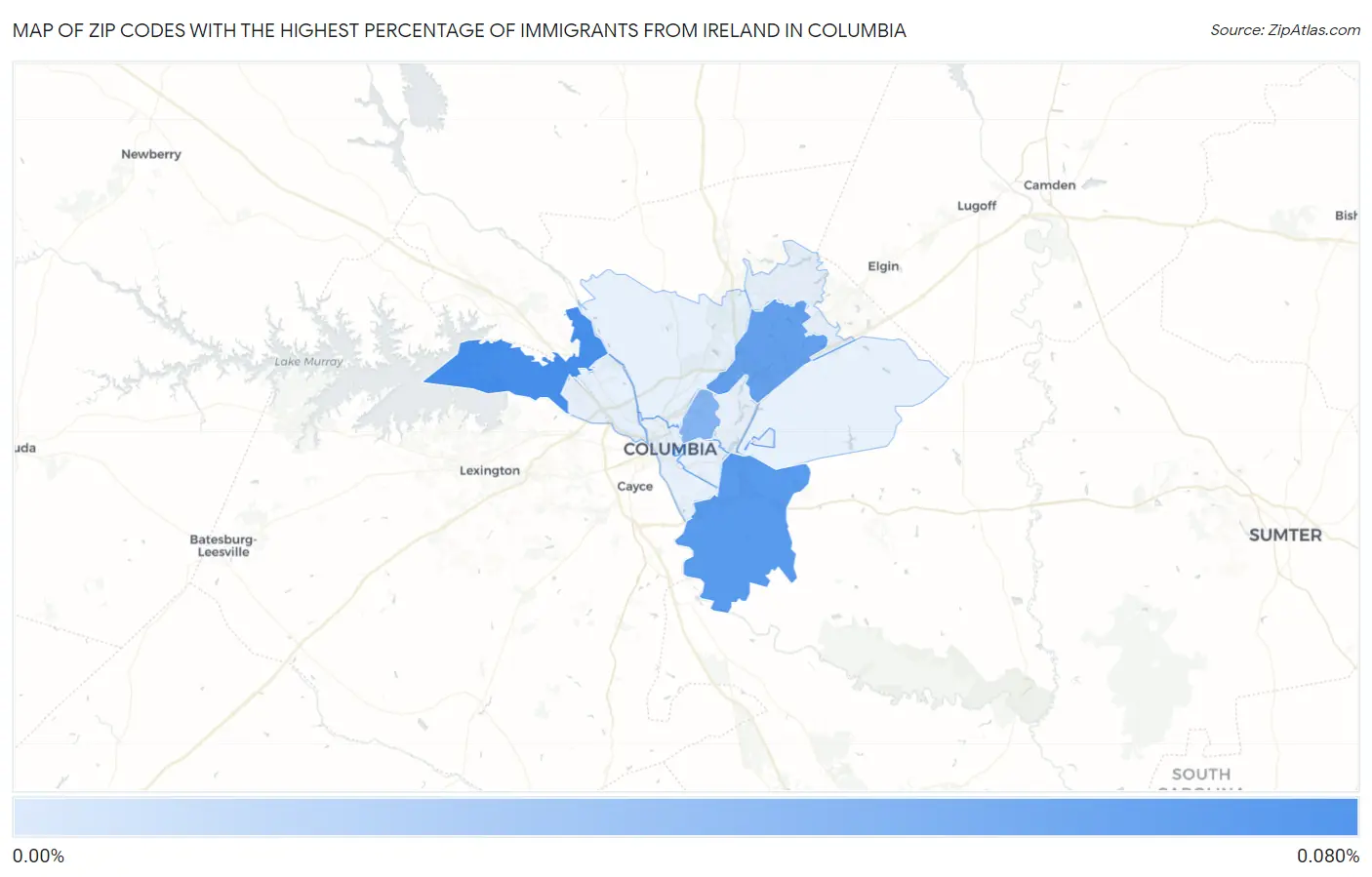 Zip Codes with the Highest Percentage of Immigrants from Ireland in Columbia Map