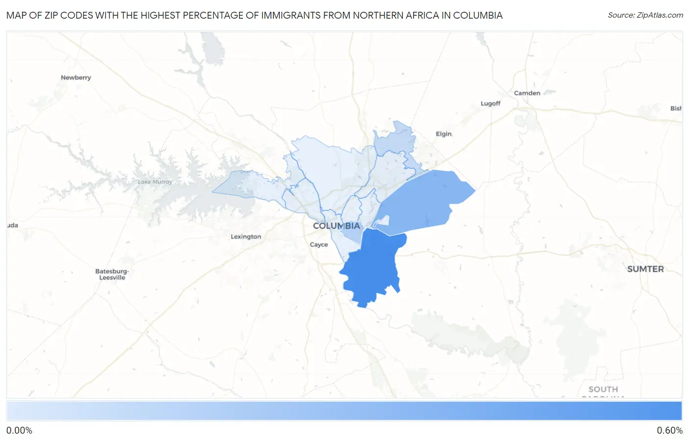 Zip Codes with the Highest Percentage of Immigrants from Northern Africa in Columbia Map