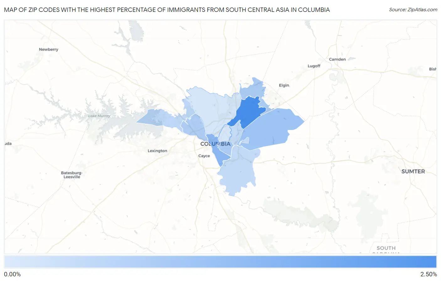 Zip Codes with the Highest Percentage of Immigrants from South Central Asia in Columbia Map