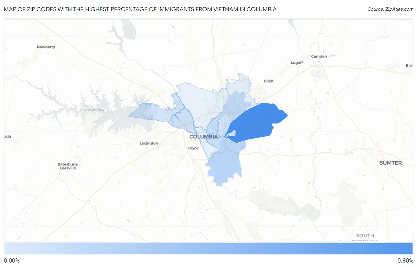 Zip Codes with the Highest Percentage of Immigrants from Vietnam in Columbia Map