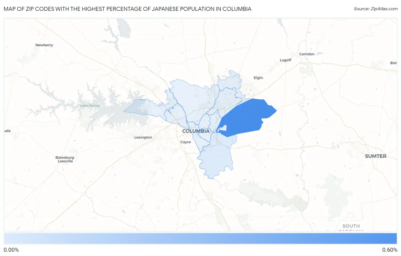 Zip Codes with the Highest Percentage of Japanese Population in Columbia Map