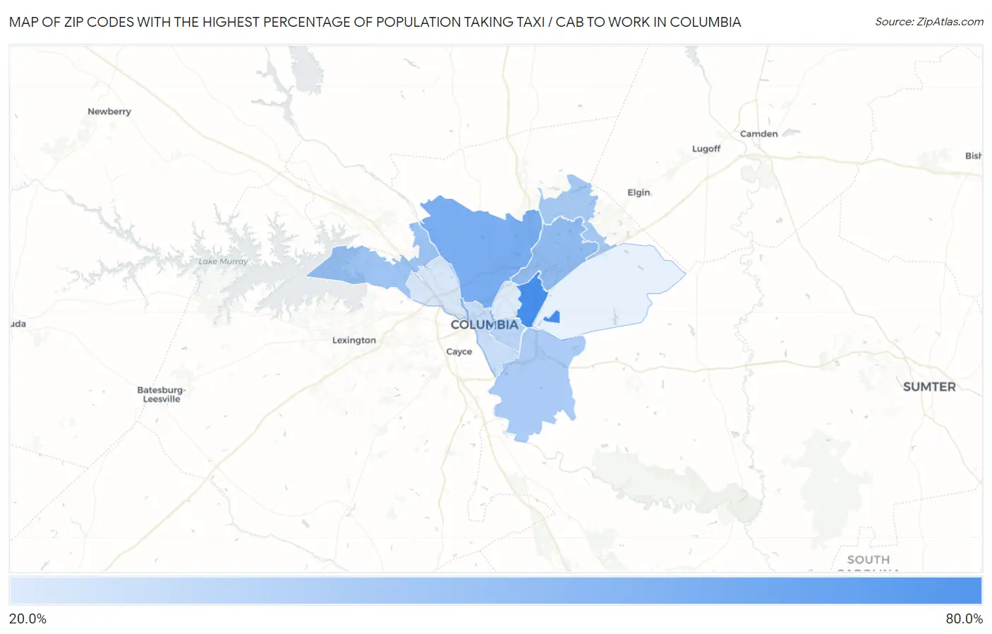 Zip Codes with the Highest Percentage of Population Taking Taxi / Cab to Work in Columbia Map