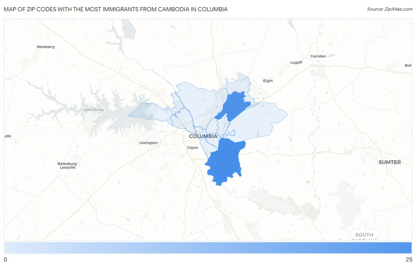 Zip Codes with the Most Immigrants from Cambodia in Columbia Map