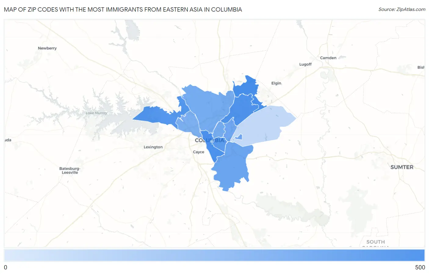 Zip Codes with the Most Immigrants from Eastern Asia in Columbia Map